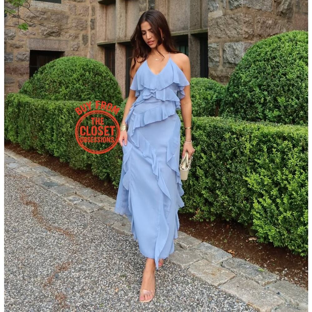 Zara Blue Ruffle Tiered Maxi Dress Strappy V-Neck Flowy Wedding Guest Size M L - Picture 5 of 16